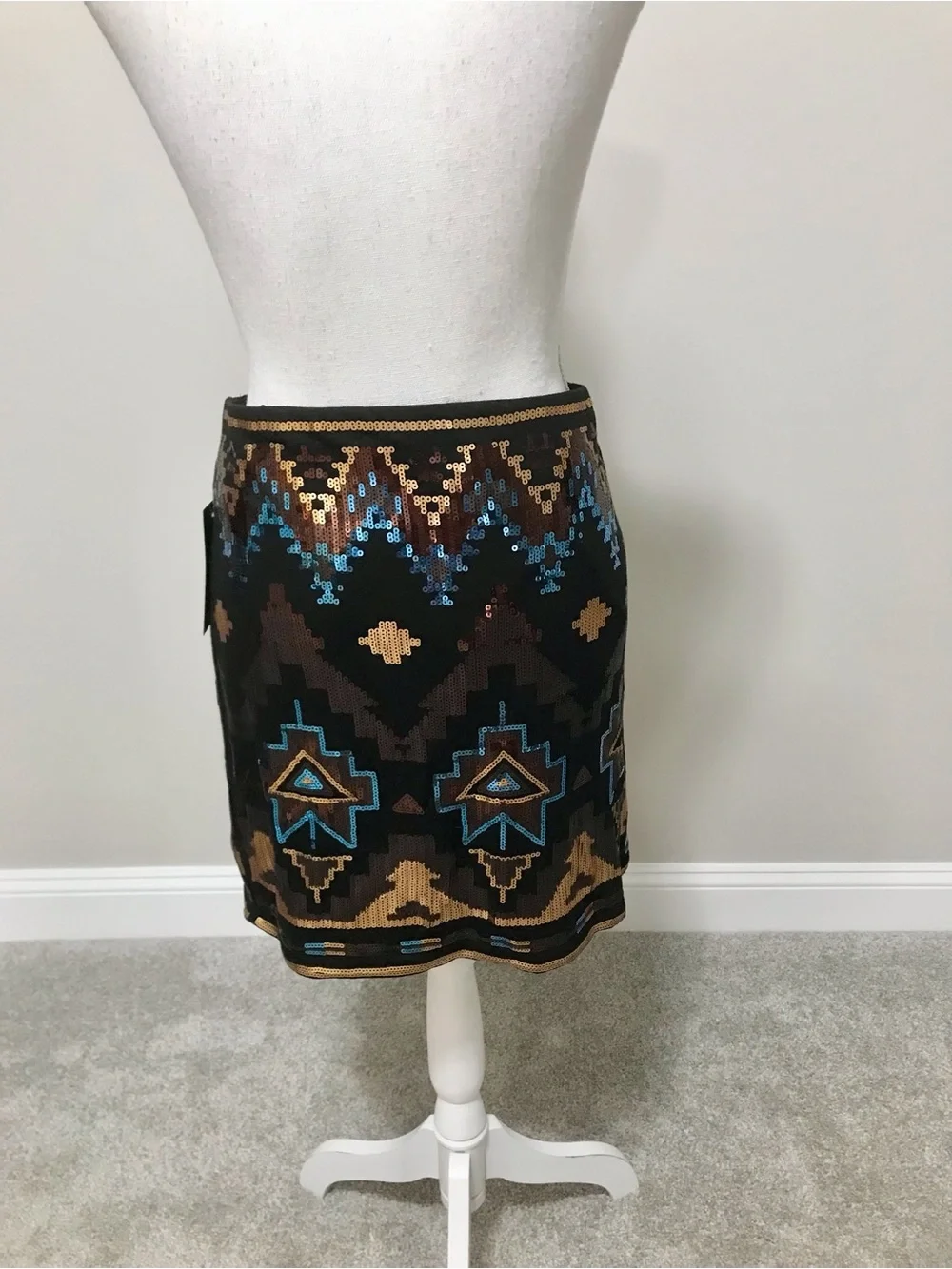 NWT Sequin Aztec Mini Skirt with Blue and Gold Accents - Picture 4 of 7